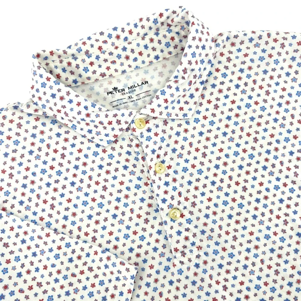 Peter Millar Seaside Mens XL Pima Cotton Floral Polo Shirt White Blue MF21K8